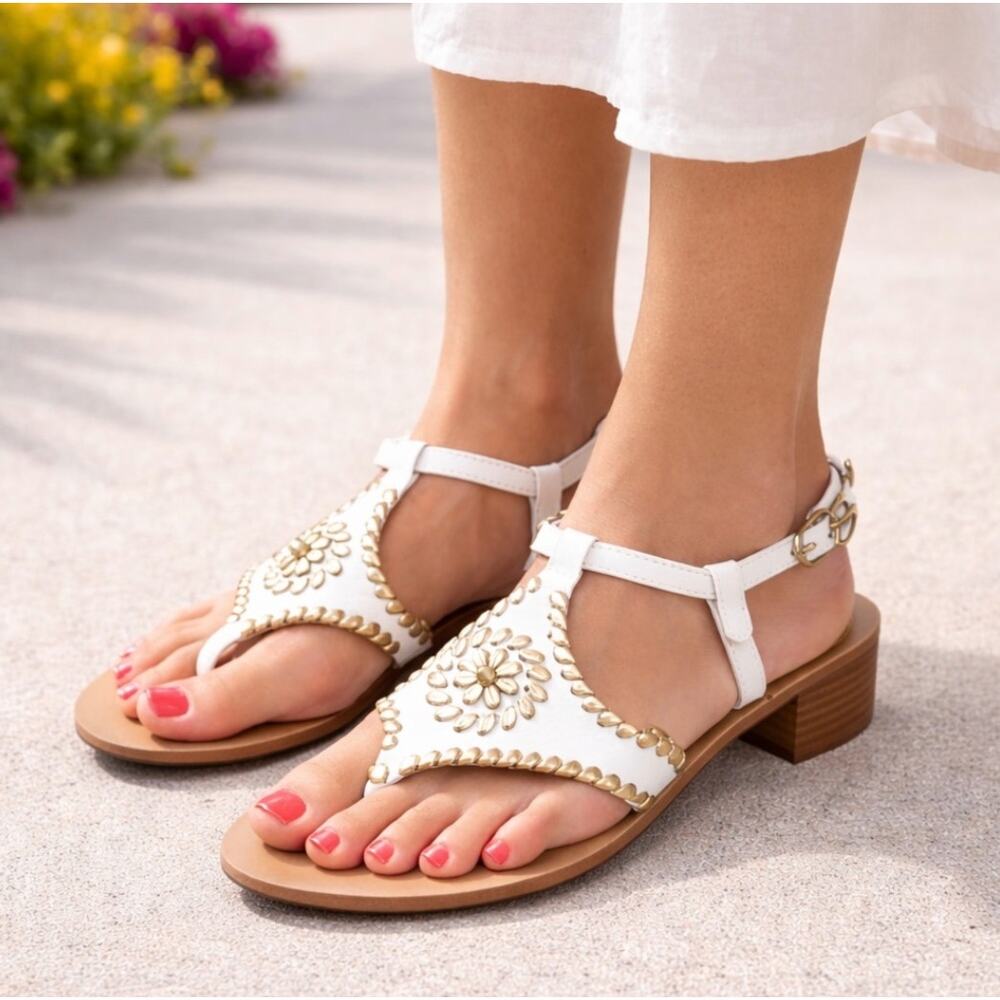 Jack Rogers Elise White Gold Medallion Block Heel Sandals Leather Upper Size 8.5